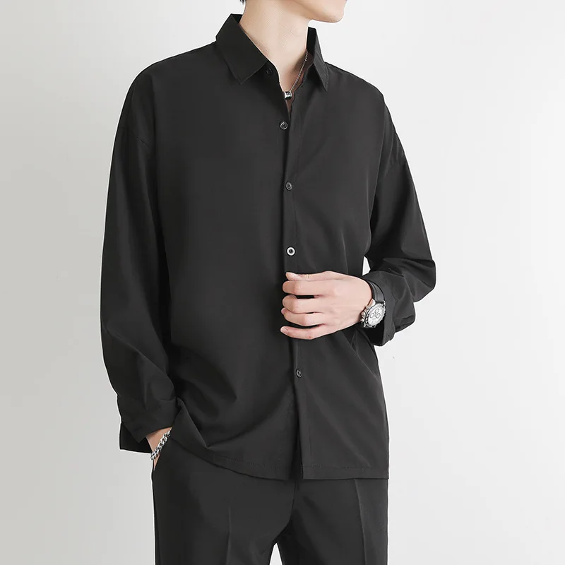 Summer New Leisure Men\'s Long-Sleeved Shirt Loose Large Solid-Colored Shirt Drape Lapel Shirt