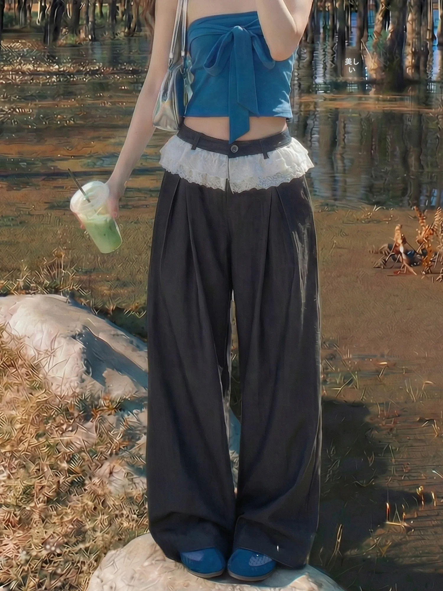 

Женские брюки с высокой талией и широкими штанинами, свободного кроя, повседневные, с кружевной отделкой, имитация двух частей, весенняя модная женская одежда