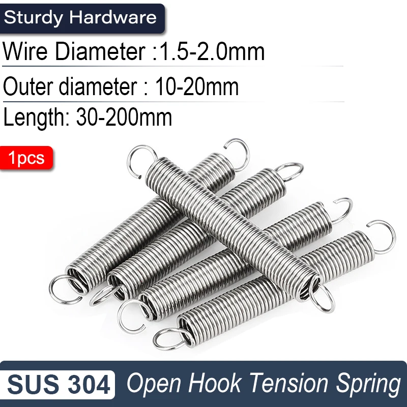 304 stainless steel tension spring 1.5mm/2.0mm, industrial, automotive, furniture, heavy-duty open hook-factory direct sales