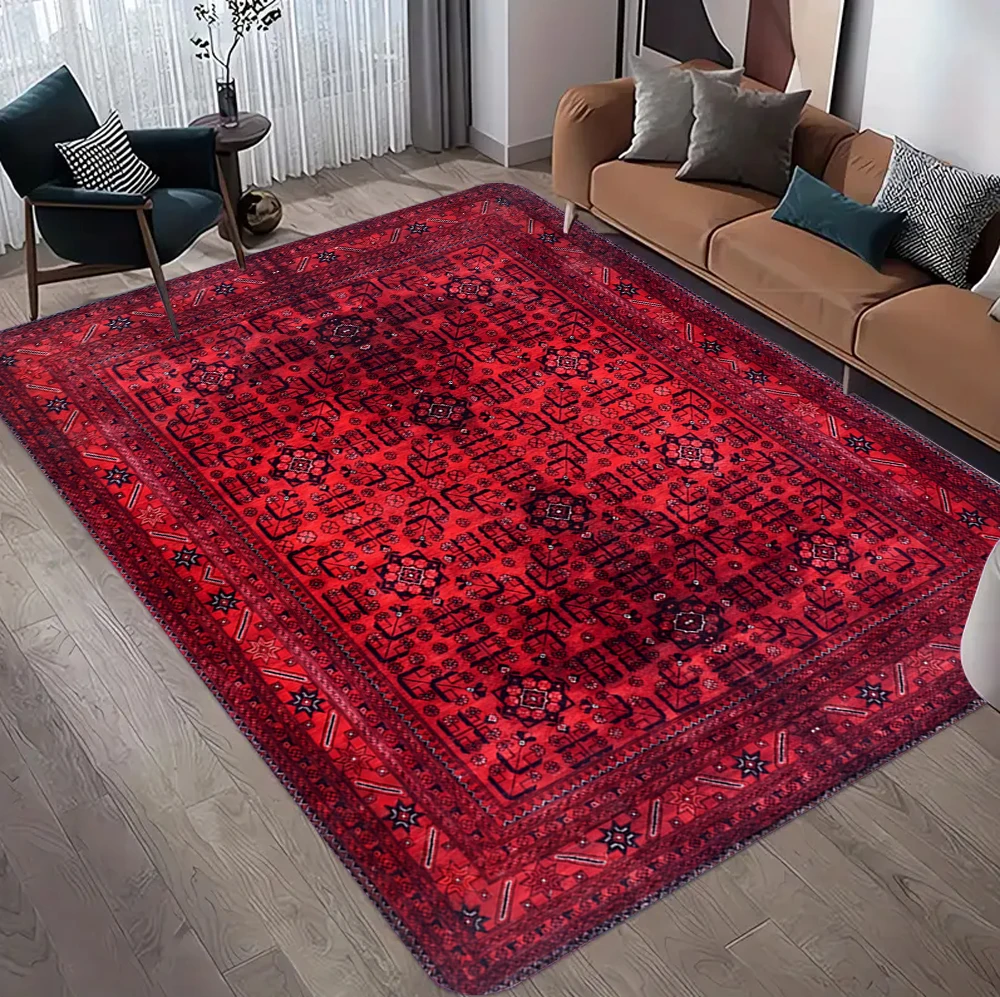 Warm Winter Red Persian Floor Mat Thickened Flannel Cozy Plush Rug Soft Indoor Carpet for Living Room Home