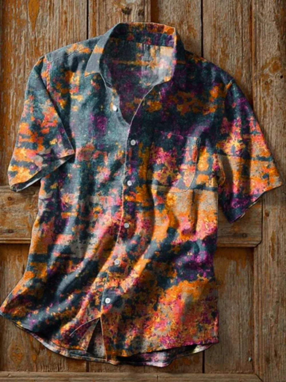 

Men's new summer linen short-sleeve shirt, oil painting vintage graffiti style, casual outdoor art shirt.