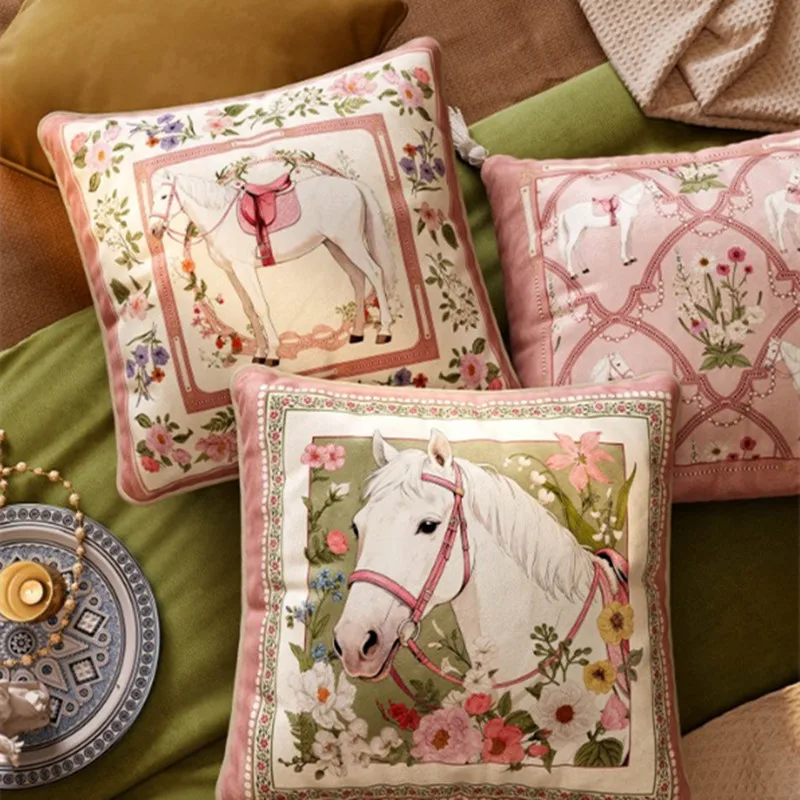 Vintage French Horse Print Velvet Pillow Cover Soft Floral Cushion Case 45x45cm Luxury Decorative Throw Pillow for Living Room