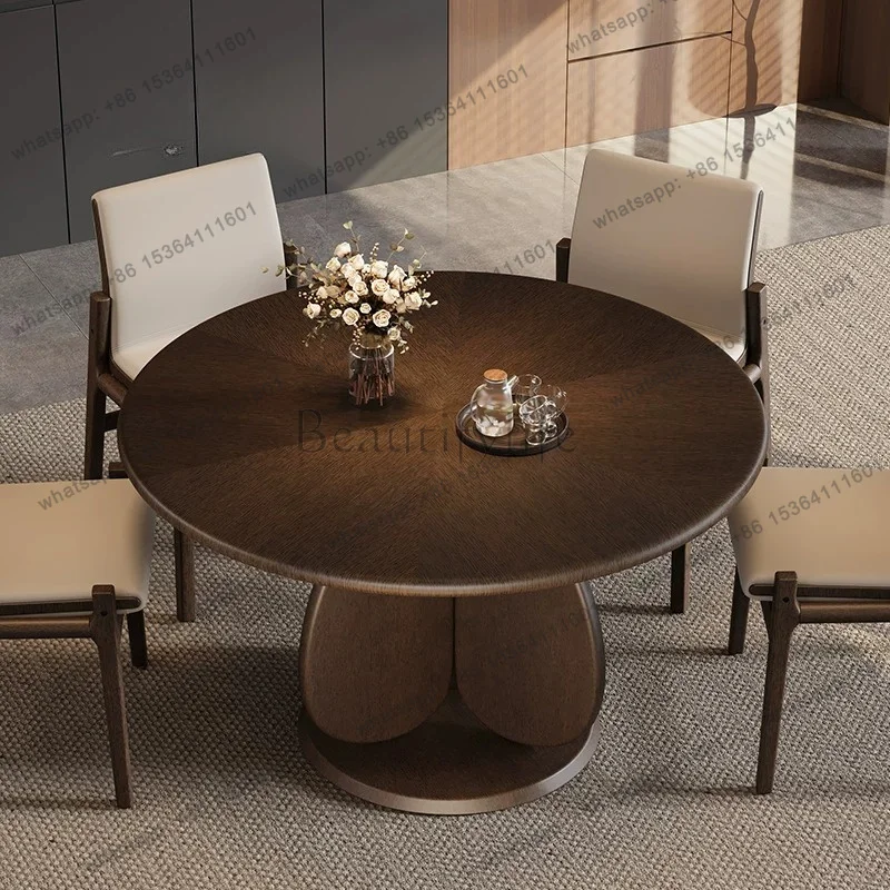 

Italian light luxury design round dining table with rock slab turntable smoked wood color dining table