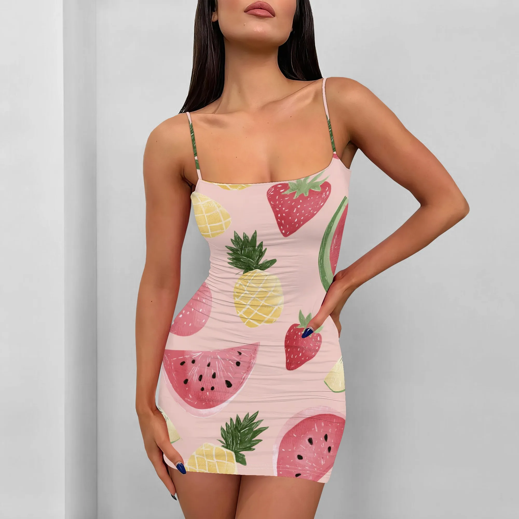 

Tropical Fruit Print Bodycon Mini Dress S-3XL Spaghetti Strap Slim Fit for Summer Vacation, Beach Party or Music Festival Look