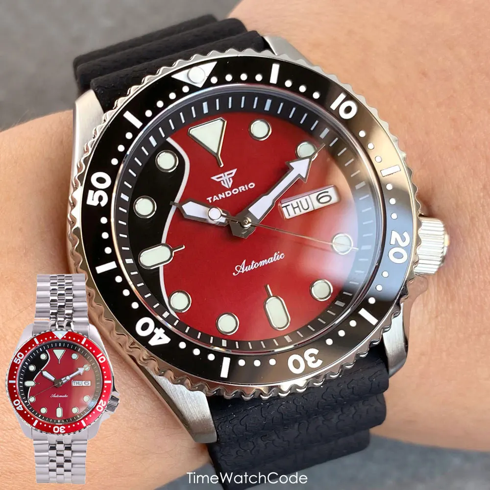 

Tandorio SKX Model Diver Watch for Men Automatic NH36A Movt 20BAR Sapphire Luminous Red Dial 200m Waterproof 41mm reloj hombre