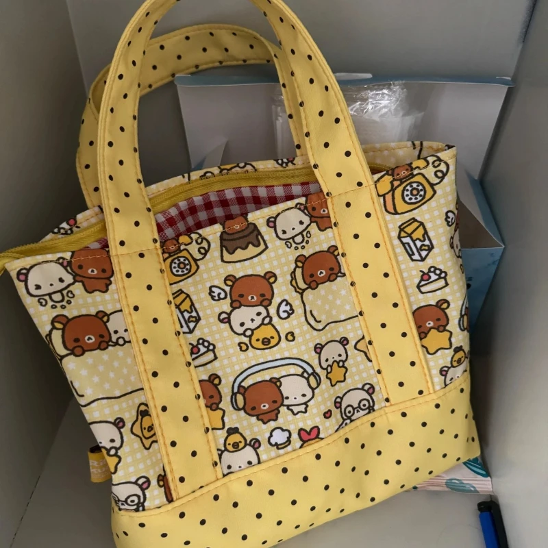 Yellow Rilakkuma Polka Dot Zipper-Style Commuter Handbag Travel Cosmetics Y Storage Bag Water Cup Bento Bag Girl's Birthday Gift - view 5