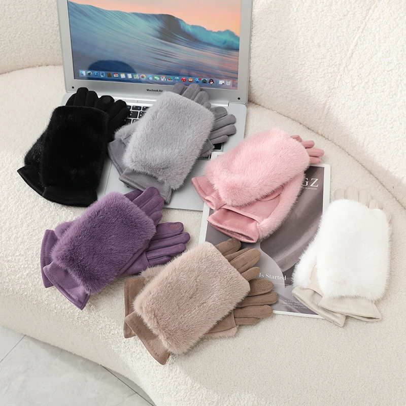 Gloves suitable for girls in winter, warm, windproof, cold-resistant, plush combination gloves, touch screen compatible, solid color, new model