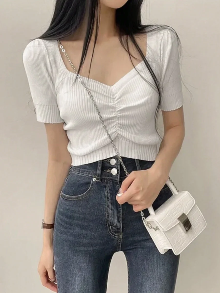 

Chic Summer Vintage Bubble Sve ort Knit Top Women's V-ne Pleated Slim Fit T-irt Korean Sle Commute Pure Color
