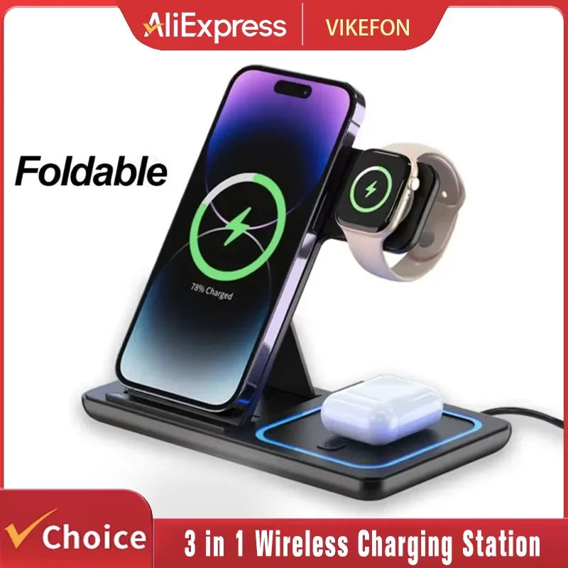 

Беспроводная зарядная станция 3-в-1: быстрая зарядка, складная подставка для iPhone 17, 16, 15, 14, 13, 12, 11, Apple Watch, AirPods Pro, iWatch 8, 7, 6