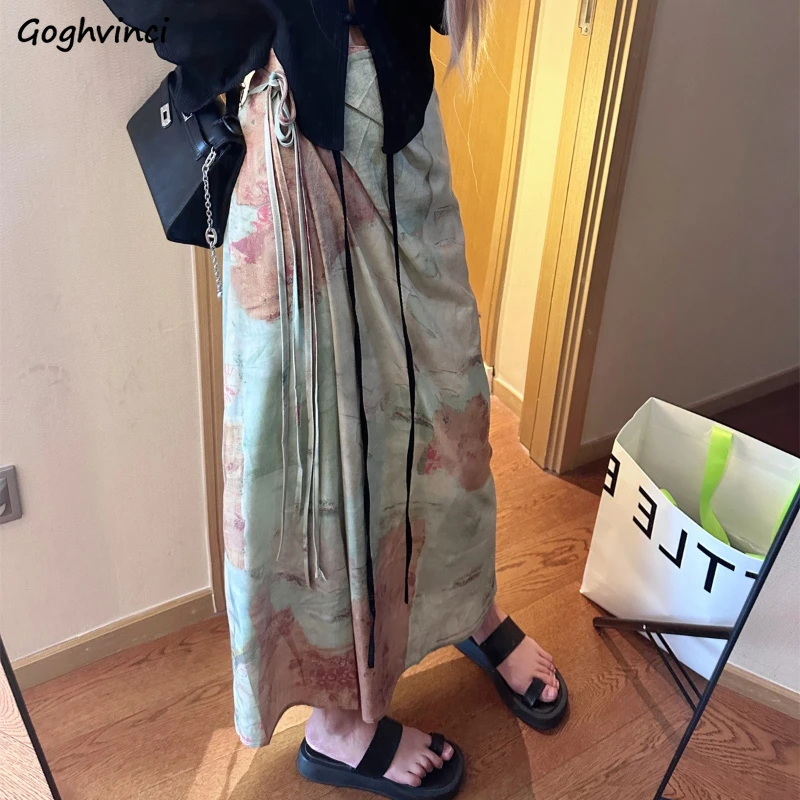 

Long Skirts for Women Vintage Tie-dye Spring Autumn Vacation Lace-up Skirt Elegant High Waist All-match Ladies Streetwear A-line