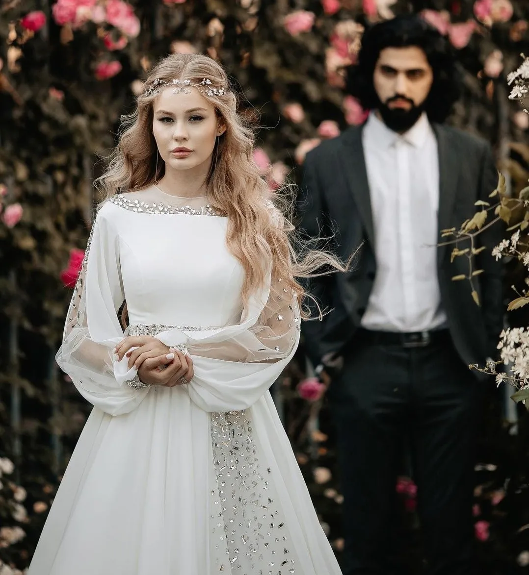 Vestido De novia árabe De Dubái, cuello De ilusión, Stons De cristal, manga larga, Vestidos De novia De gasa