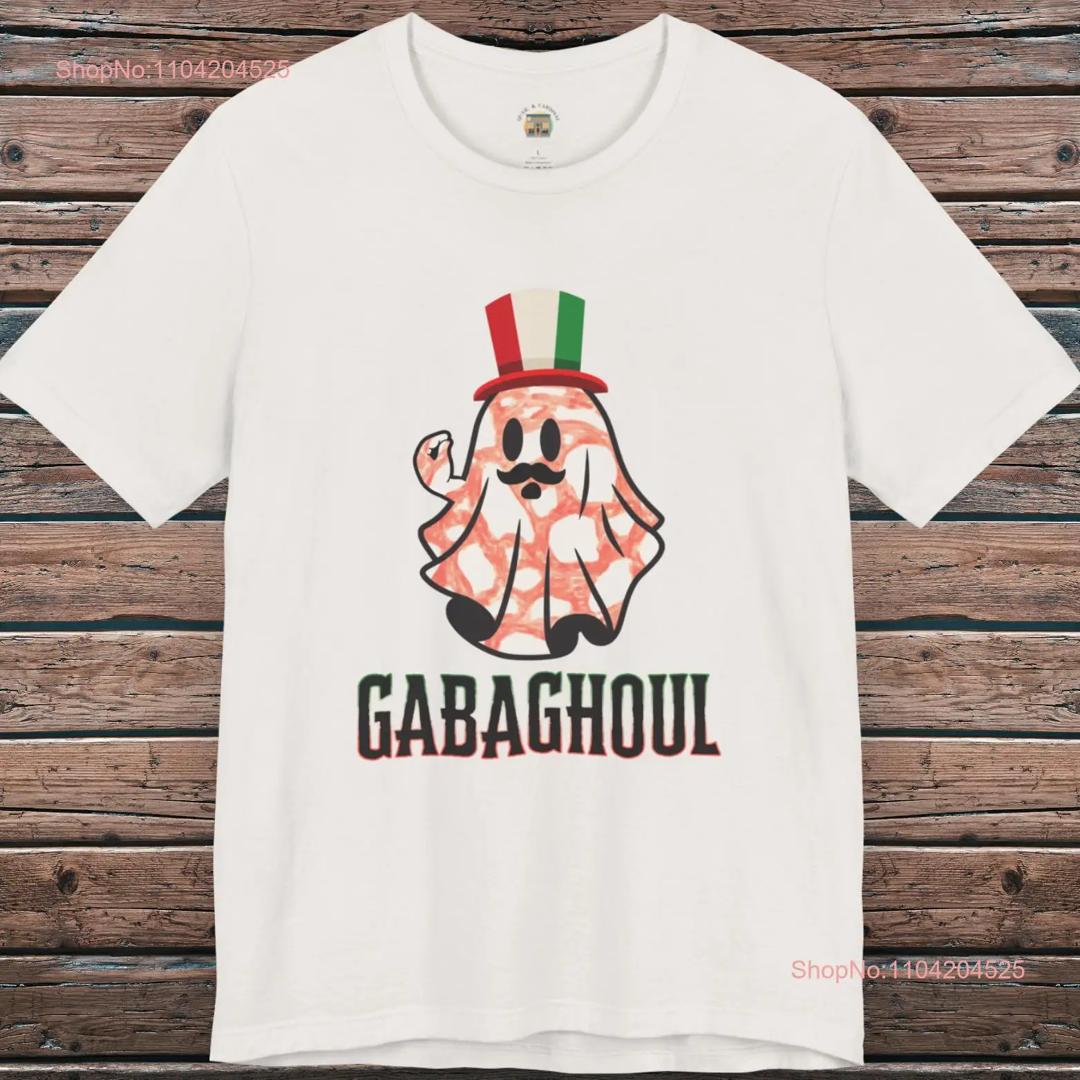 Gabaghoul Salami Ghost T Shirt Funny Halloween Italian American Fall Cute Gabagool Joke long or short sleeves