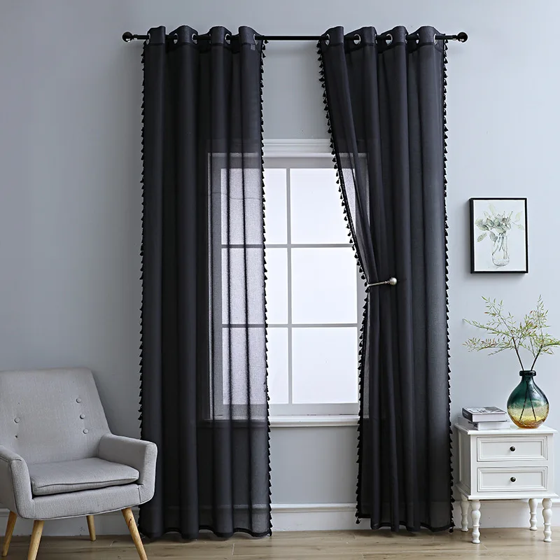 

Curtain Black Solid Sheer Window Curtains with Boho for Living Room Bedroom Grommet Top Modern Style 2 Panels Shading Drapes