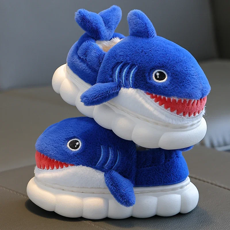 New Winter Wrap Heels Cute Cartoon Shark Cotton Slippers Children\'s Non-slip Soft For Kids Girls Boys Baby Warm Plush Home Shoes