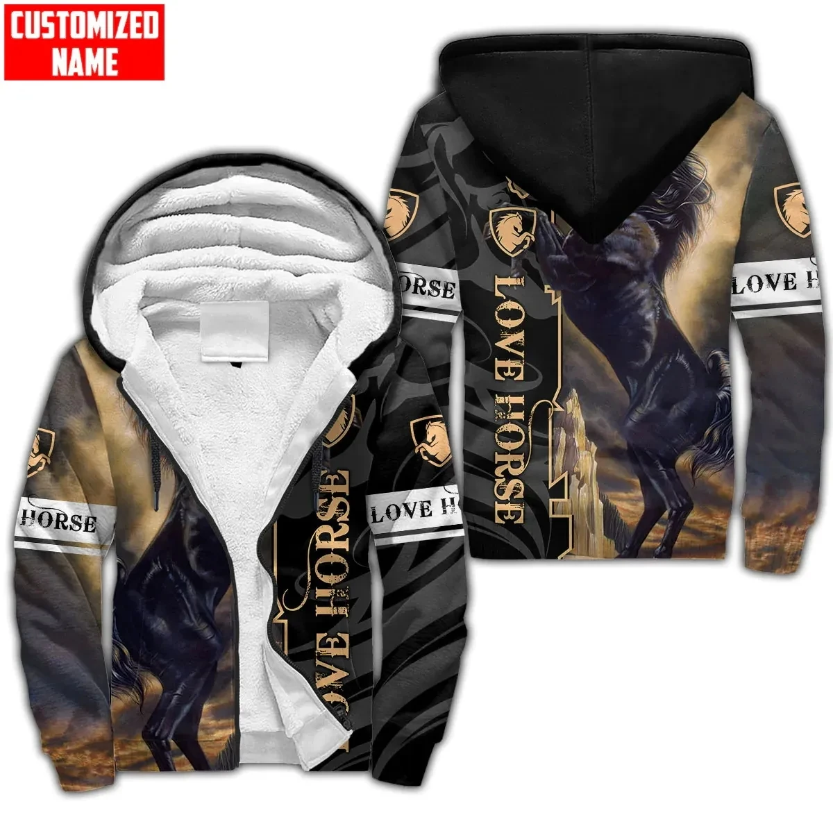 

Fashion Men's Hoodie Custom Name Horse Lover 3D Printed Thickened Zipper Hoodie Unisex Winter Casual Hooded Warm Wool Coat