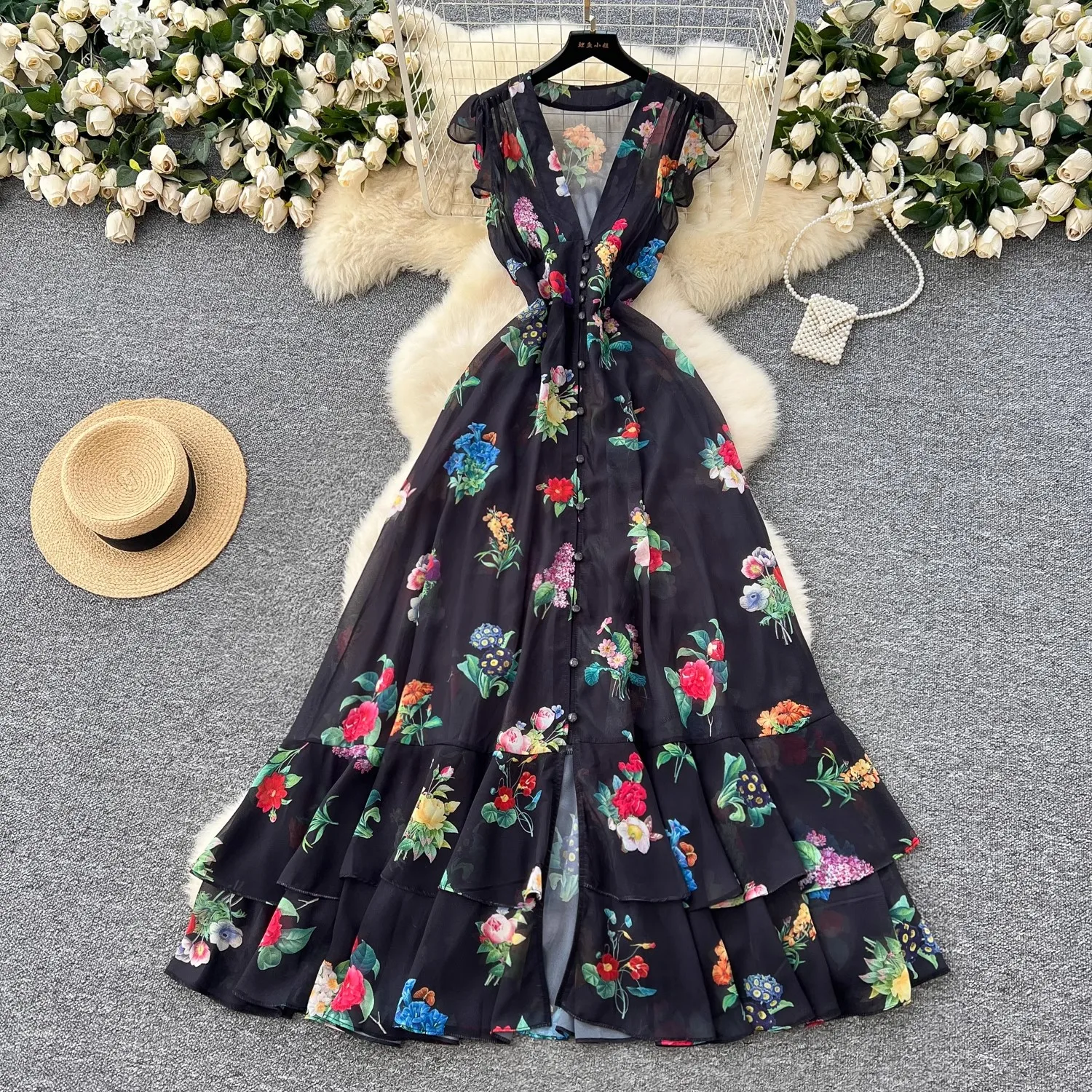 Summer Holiday Gorgeous Floral Dress Women's Sleeveless Ruffles V Neck Flower Print Buttons Chiffon Bohemain Robe Vestidos