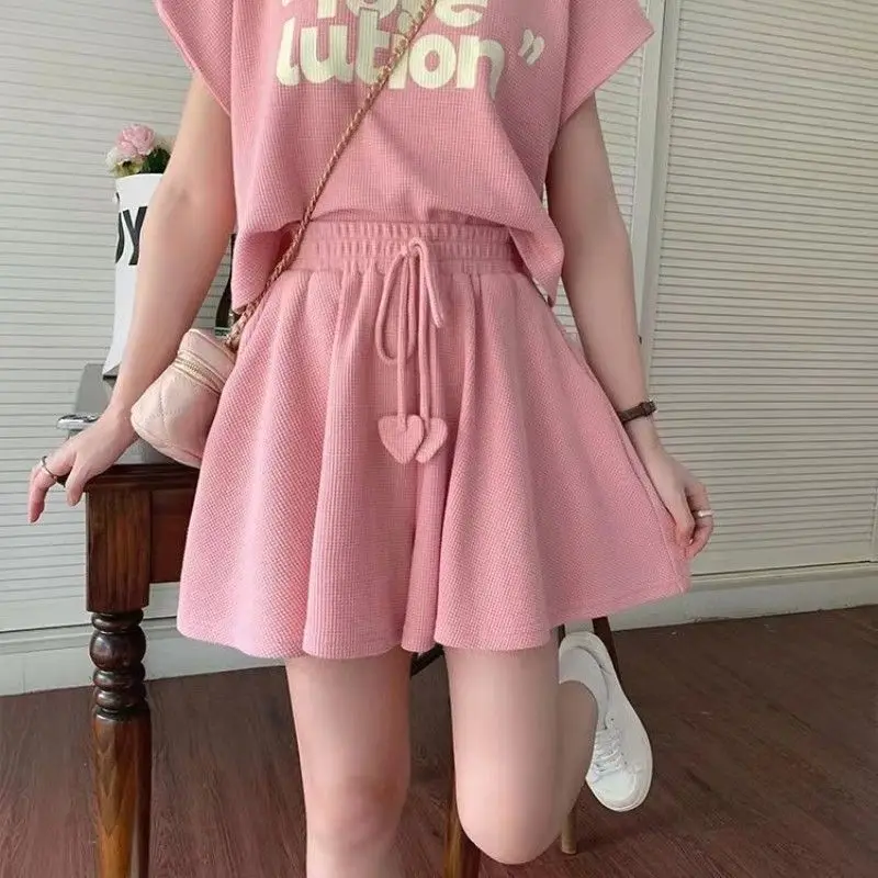 Casual Sports Solid Color Women\'s Clothing Summer Loose Sweet Two Piece Set Comfortable Pullovers Ladies Fashion Pink Shorts