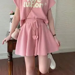 Casual Sports Solid Color Women's Clothing Summer Loose Sweet Two Piece Set Comfortable Pullovers Ladies Fashion Pink Shorts