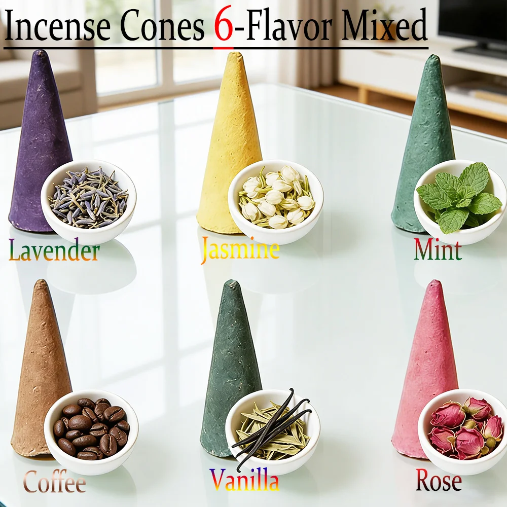 High-Quality Natural Incense Sticks, 2.7cm Tall Cones, with Scents of Vanilla, Coffee, Jasmine, Mint, Lavender, Rose, Etc., with Rich Aroma, Burn for a Long Time, Creating an Aesthetic Smoke Effect, Suitable for Purifying the Air, Meditation, Yoga, Reading, Etc