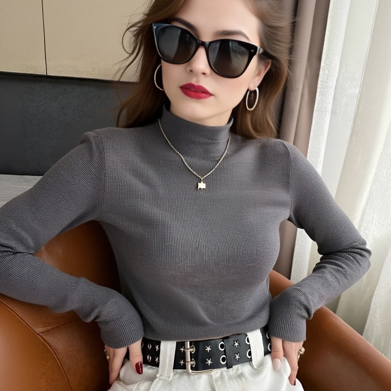 

Slim Fit Sweet Gray Stand Collar Long Sleeved Knitted Base Sweater Autumn and Winter New Korean Versatile Elegant Pullover Tops