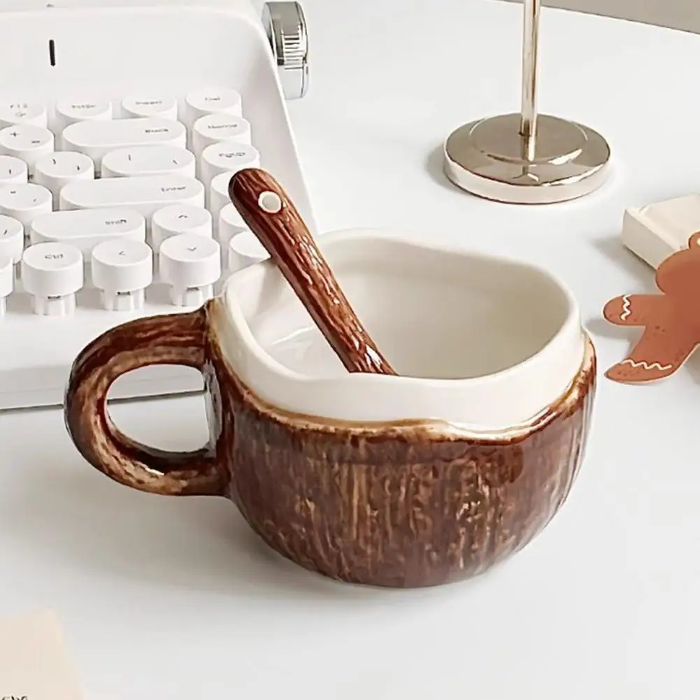 Vintage CoconutShell Ceramic Mug Irregular Coffee Cup with Spoon Rustic Coconut Texture Breakfast Oatmeal Tea Cup for Home