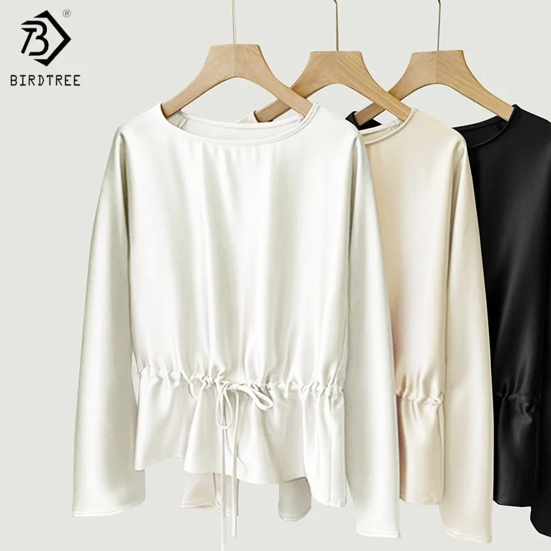 Birdtree OEKO-TEX 22MM 100%  Silk Drawstring Blouse,Women Solid O-neck Shirt,2025 Summer Autumn Full Sleeve TopsT5O403JF