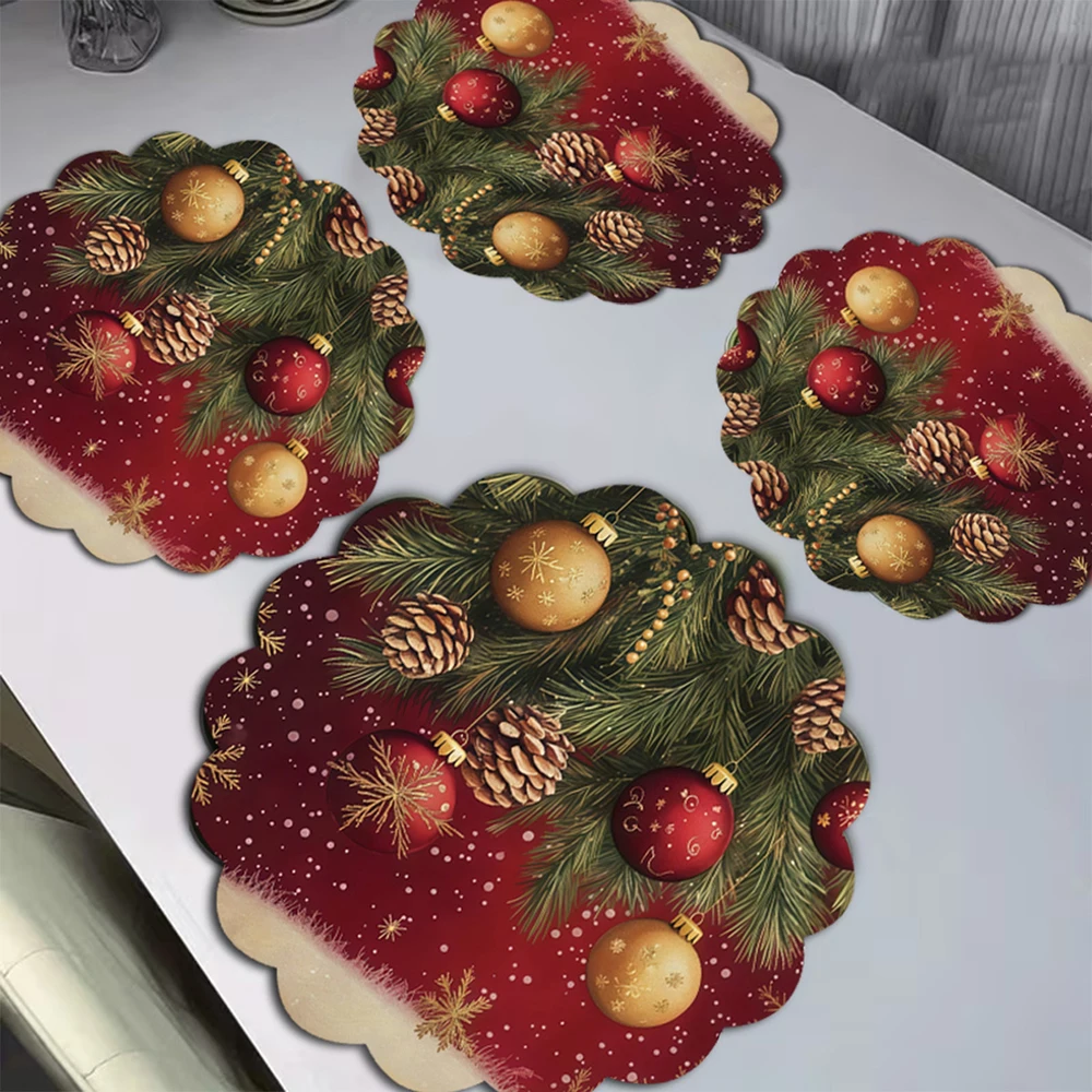 Red Christmas Placemat With Pine Cone Branch Winter Snow Table Mat Festive Dining Kitchen Decor For Christmas Holiday Home Decor