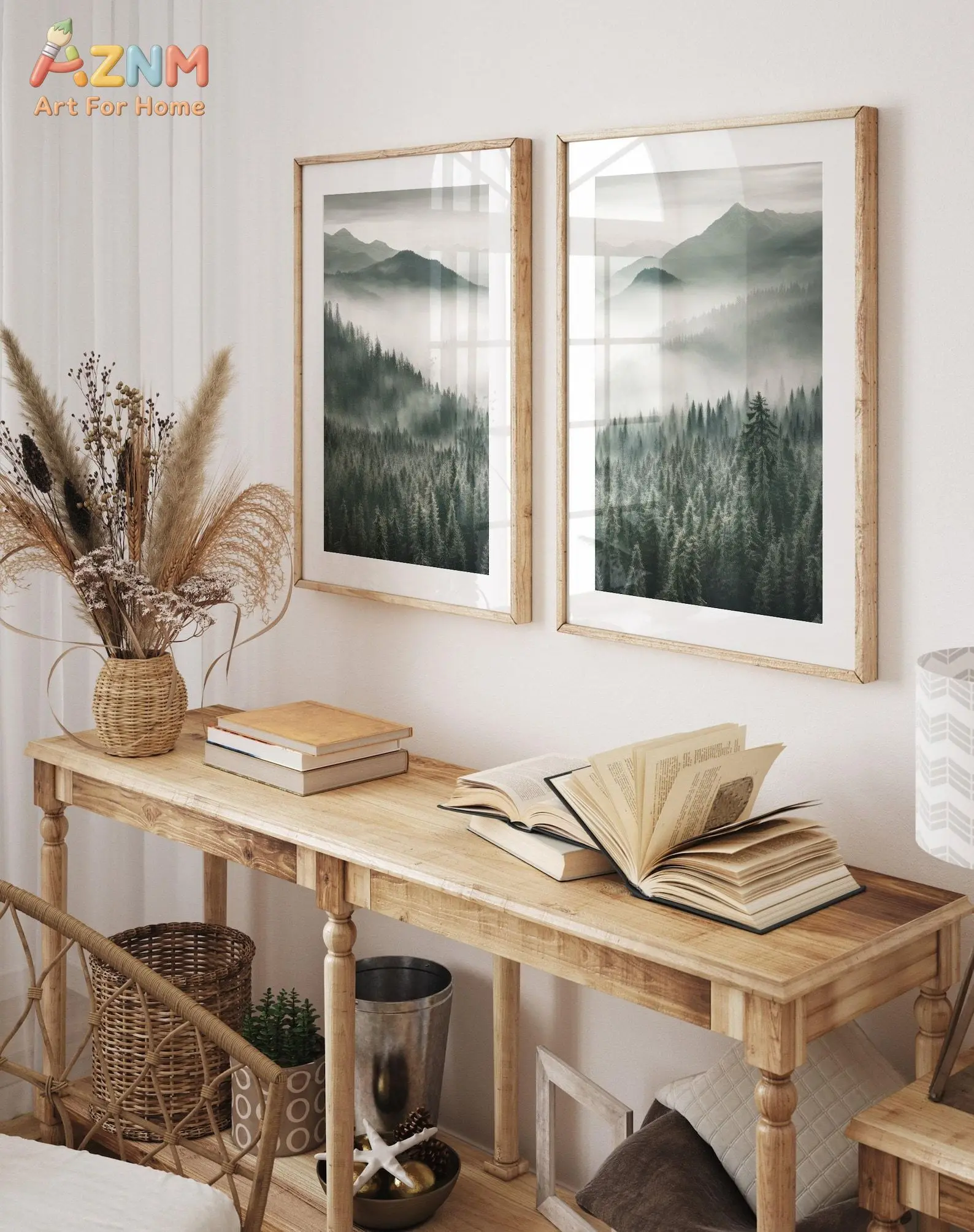 Mountain Forest Prints Set of 2, Print Foggy Landscape Poster, Misty Forest 2 Pieces Wall Art, Nature Mountain Photography