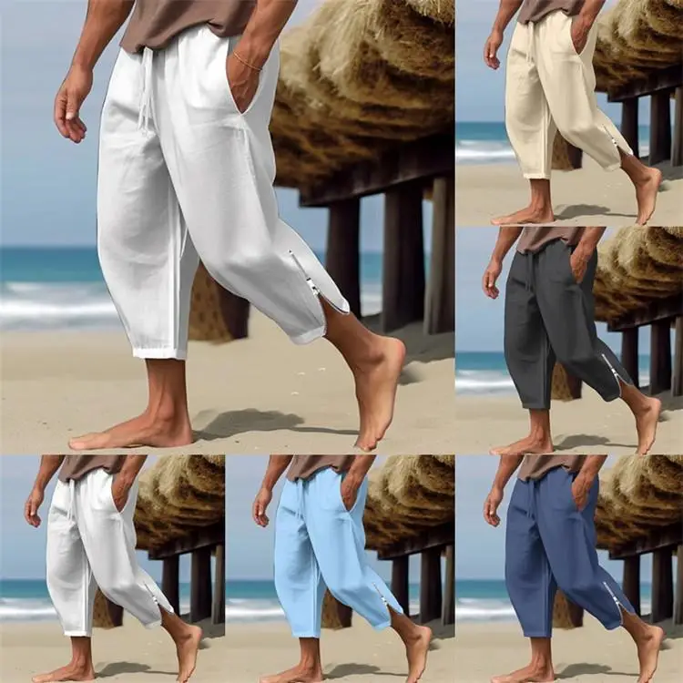 

Men's Linen Beach Pants with Dstring Elastic Waist Loose Fit Straight Leg Casual Trousers Khaki Color Pattern