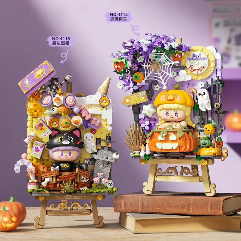 Mini creative pumpkin Christmas famous painting stereo Easel blocks Halloween kitten assembly toys for children Christmas gifts