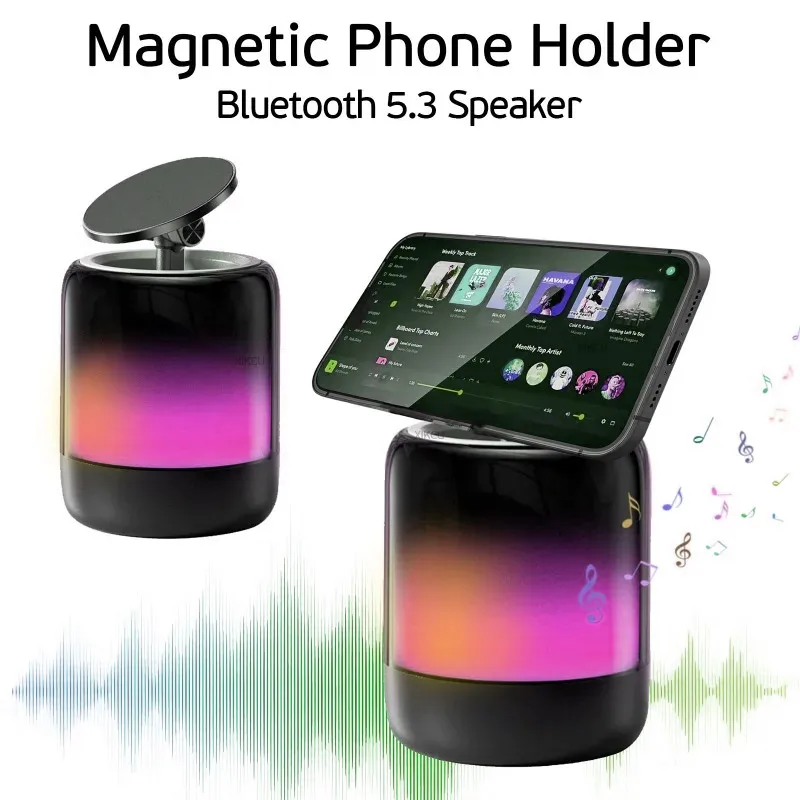 

Настольный магнитный держатель для телефона 4 в 1, динамик Bluetooth 5.3, ритмическая лампа RGB и радио, крепление для смартфона с 3D-стереоскопическим звуком