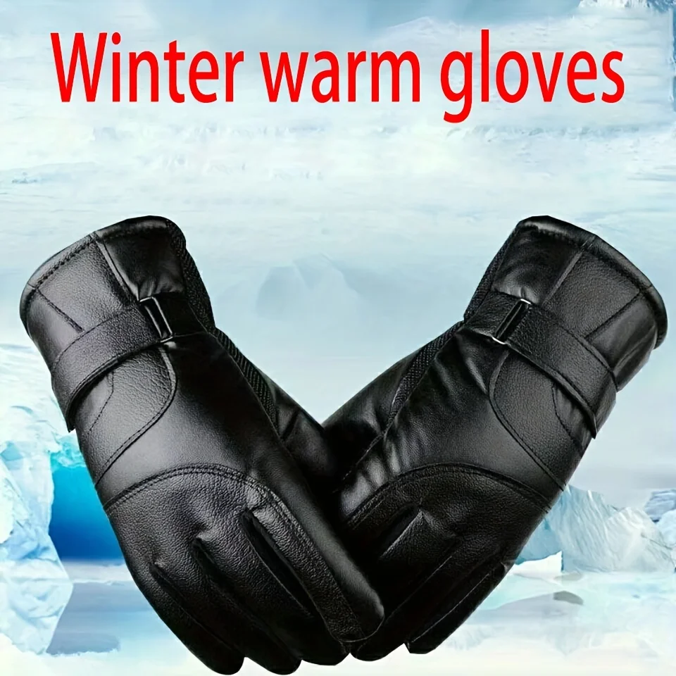 

1pair Warm Fleece Lined PU Leather Thermal Gloves, Winter Holiday Gifts