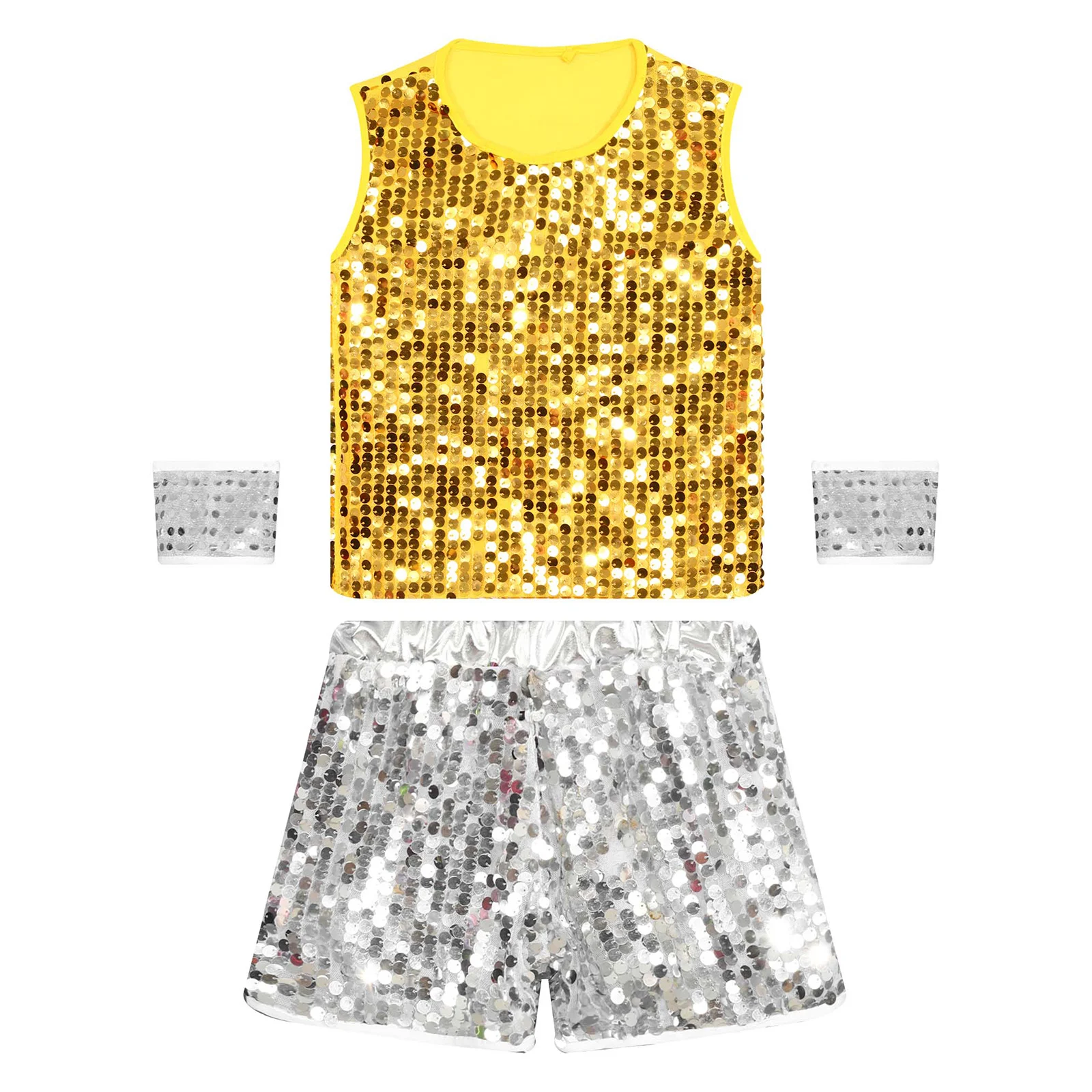 

Boys Girls Jazz Dance Costume Outfits 2025 Sparkling Sequin Tank Top with Shorts Socks And Cuffs for Hip-Hop Stage Performance