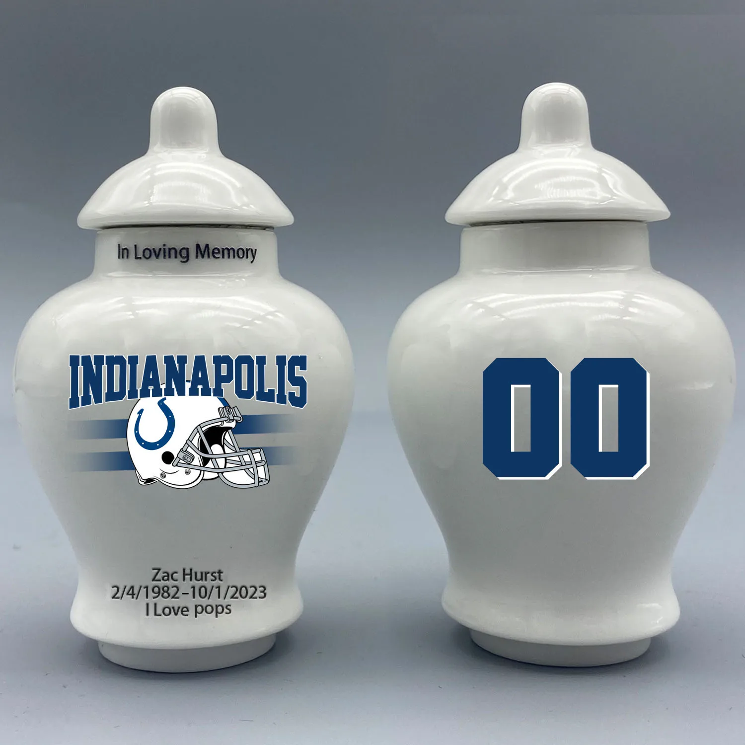 Mini Urn for Indianapolis Colts-themed Logo Urn.Please send me the customization information - name/date and number on the urn!