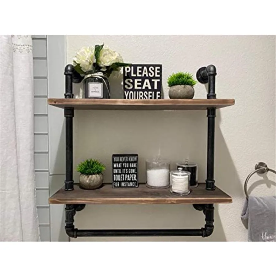 

Industrial Bathroom Shelves Wall Mounted 2 Tiered, 24in Pipe Shelving Wood Shelf with Towel Bar, Rustic Farmhouse Towel Rack, M