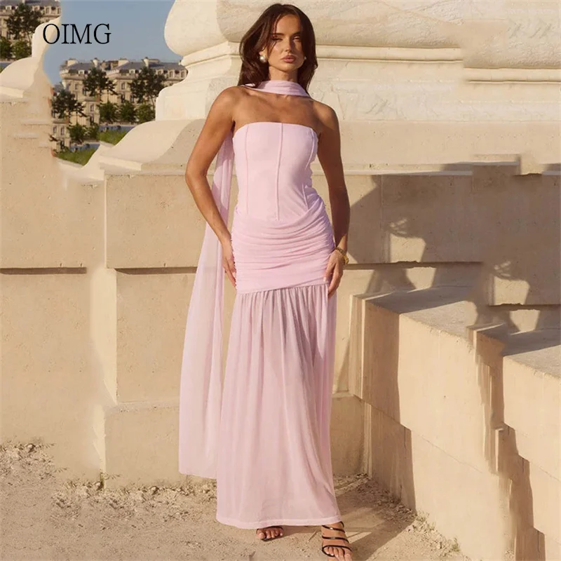 

OIMG Pink Strapless A Line Prom Gowns Chiffon Backless Soft Party Gown Floor Length Party-perfect Evening Dress Customized
