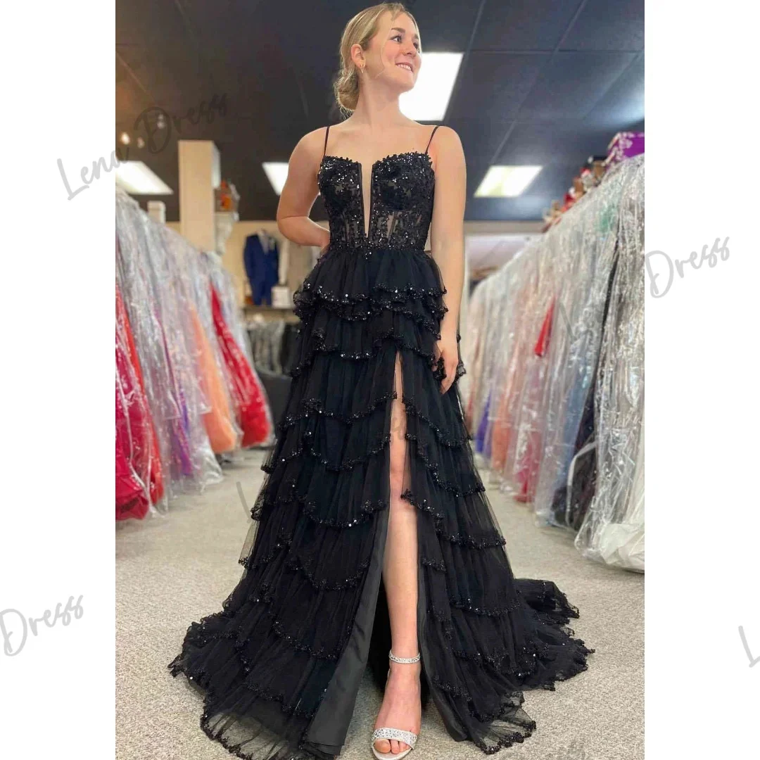 Lena Spaghetti Straps Evening Dresses Woman Elegant Dresses for Women Gala Party Dress Shiny Layered Black Side Slit Ball Gowns