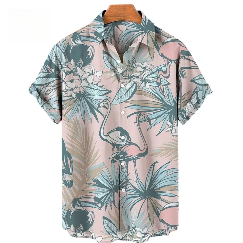 Camisa Casual Cómoda para Hombre con Estampado Tropical de Planta, Tucán y Flamenco en Blanco y Negro, Estilo Retro de Verano