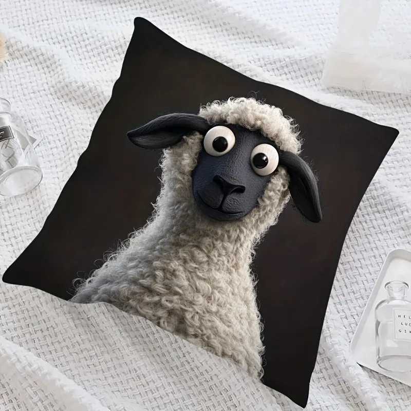 1pc Black Background Big Eyes Sheep Printed Throw Pillow Cover,Suitable for Sofa,Bedroom,LivingRoom,a Fun Gift for Animal Lovers