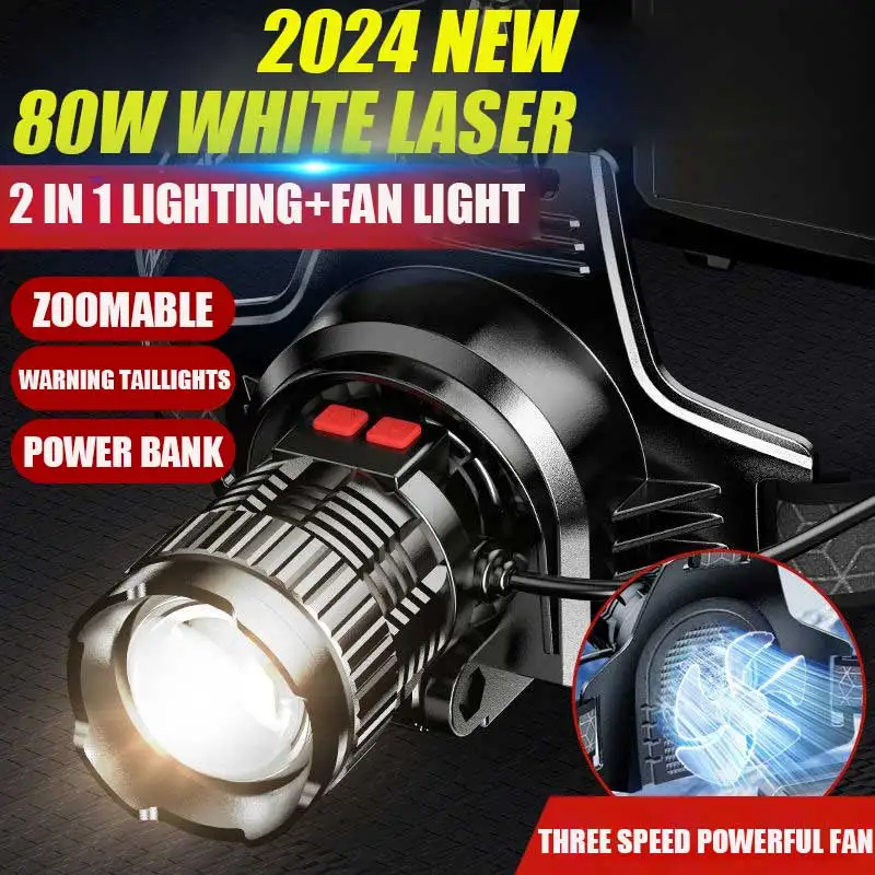 

80W Fan Light Headlamp Newest Ultra Powerful Headlight 1000000LM Head Flashlight Rechargeable30W Headlight Fishing Head Lantern