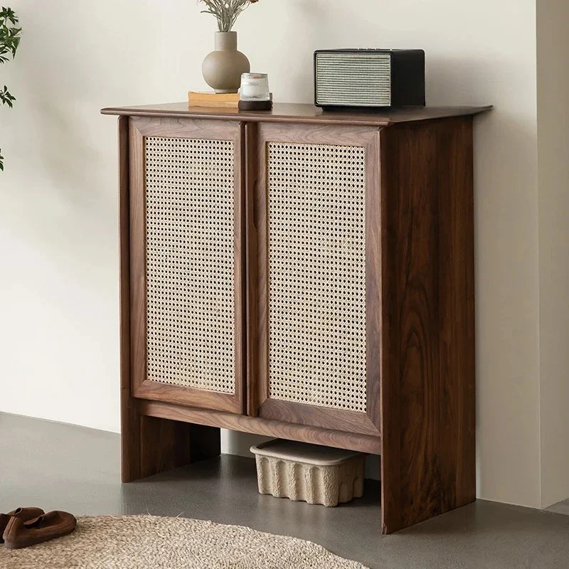 Nordic Black Walnut Solid Wood Two-Door Rattan Entrance Cabinet Minimalist Japanese Style Cherrywood Rattan Storage
