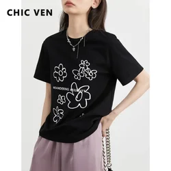CHIC VEN Fashion Women T-shirt New Loose Casual Flower Print O Neck Short Sleeve Tees Female Top for Girl Summer 2024