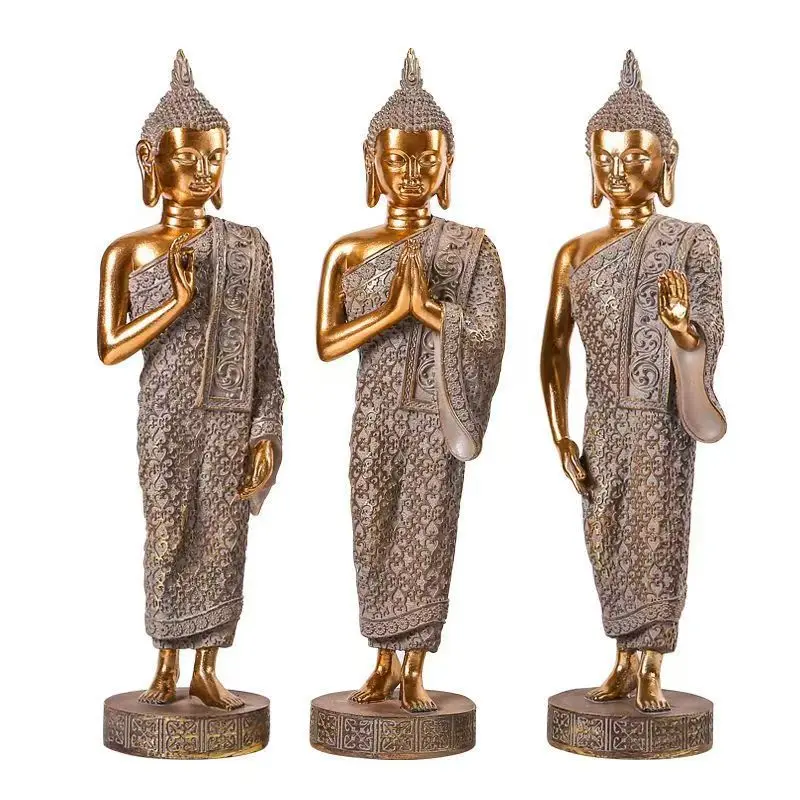 Resin Thai Buddha Statue Set Southeast Asian Style Carved Gold Gray Buddha Figurine Spiritual Lucky Gift Home Entryway Living