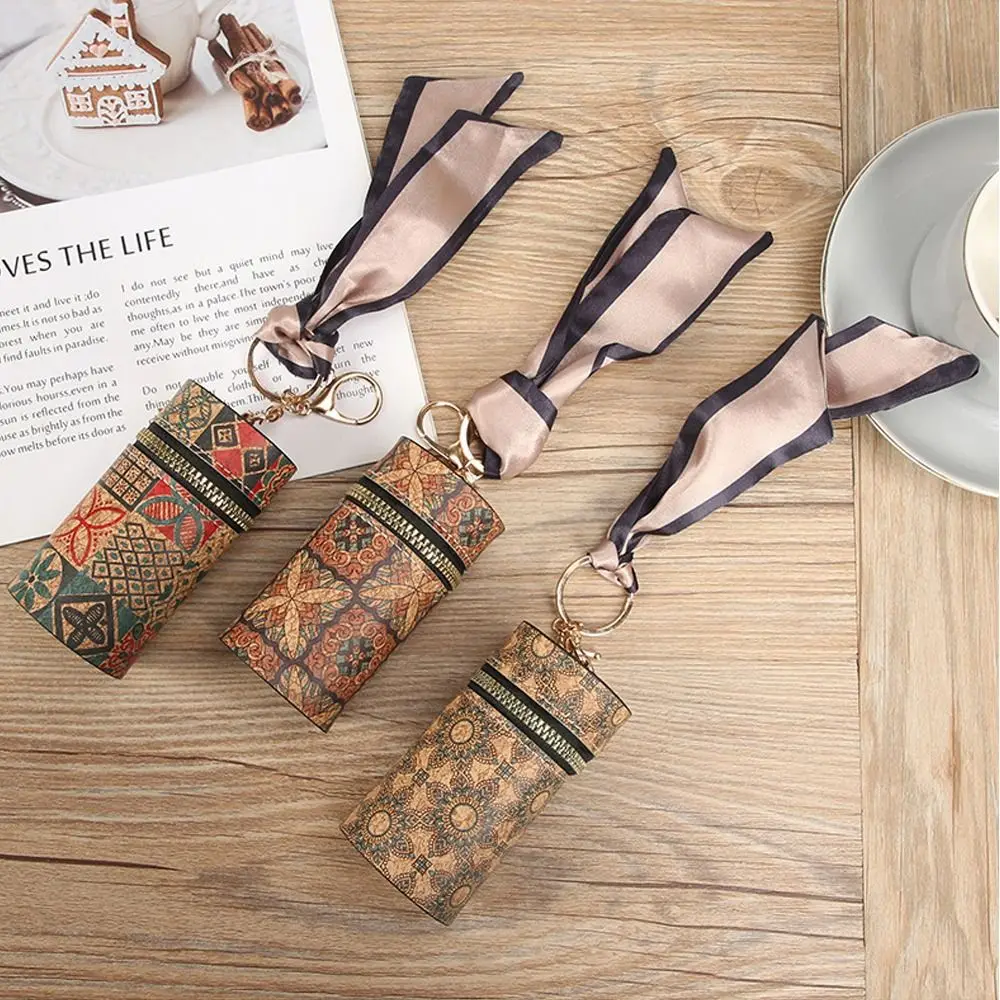 Retro PU Mini Lipstick Bag Cylindrical Cartoon Printed Bucket Bag Wood Grain Key Coin Purse for Woman Girls