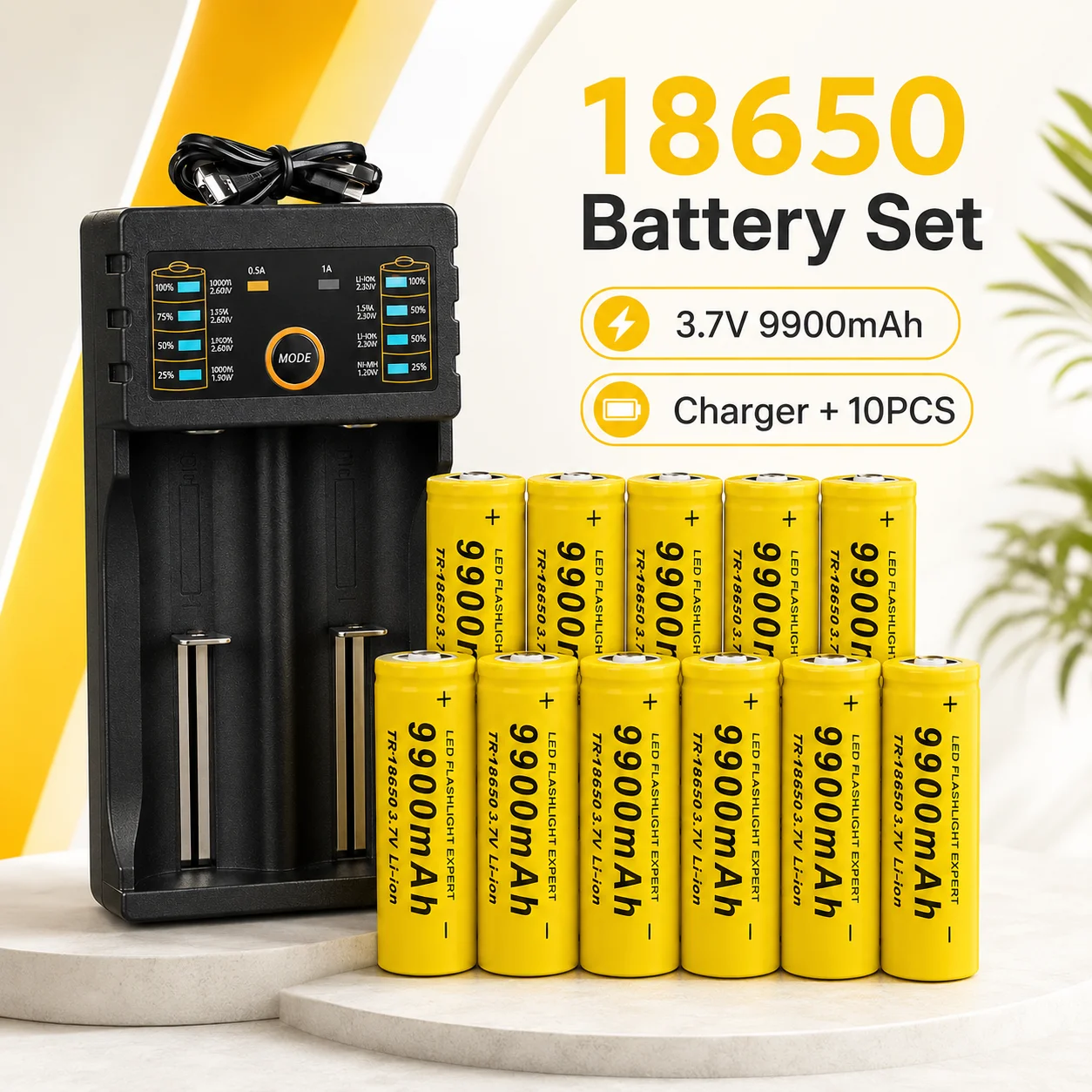 Rechargeable 18650 Lithium-ion Cell 3.7V 9900mAh Battery with Charger Replacement for LED Handheld Flashlight Torch