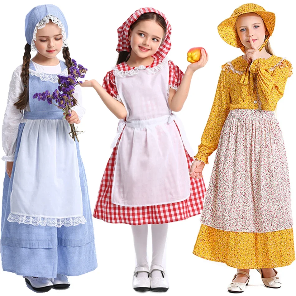 

2025 Fille jaune imprimé fleuri Style pastoral robe enfant drame scène Performance Halloween Costume enfants rouge bleu Plaid