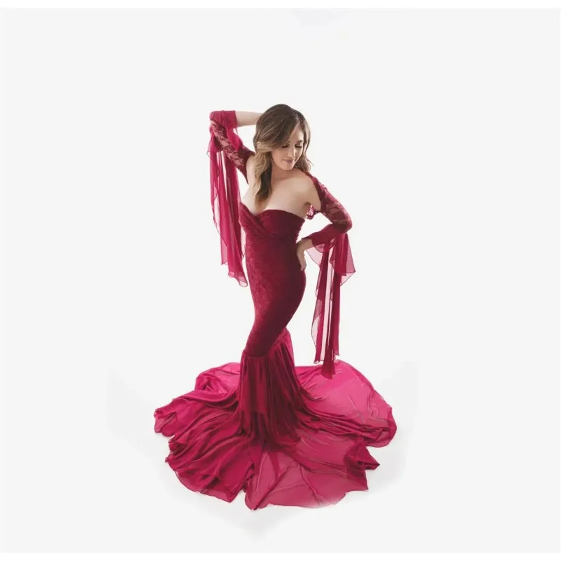 

European and American Women's Lace Patchwork Long-Sleeve Outerwear with Maternity Trailing Photography Maxi Dress and Corset Top