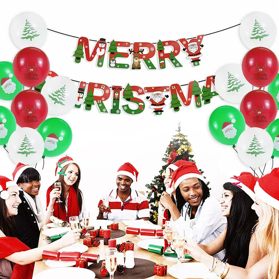 1pc Merry Christmas Paper Banner 20pcs 12inch Balloon Cartoon Printed Balloons Indoor Xmas Themed Party Background Decor