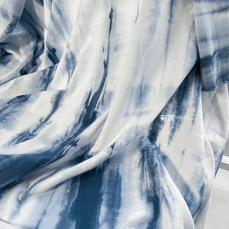 Knitted Fabric Blue White Tie Dye Knitted Cotton Creative Coat Skirt Clothing Fabrics Material for Clothes Cloth Diy By Meter