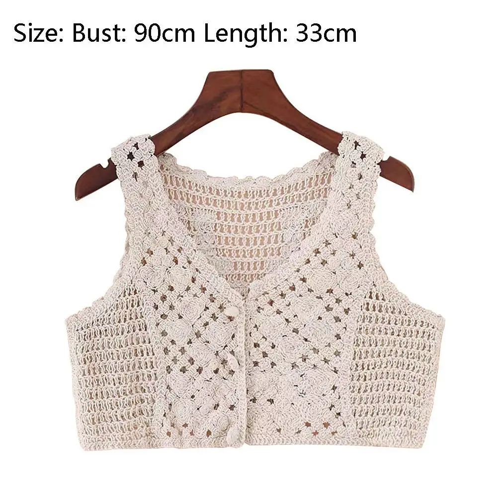 Fashion Sexy Pure Color Sleeveless V-Neck Hollow Ethnic Style Cardigan Women\'s Crochet Camisoles Knitted Tops Short Vest